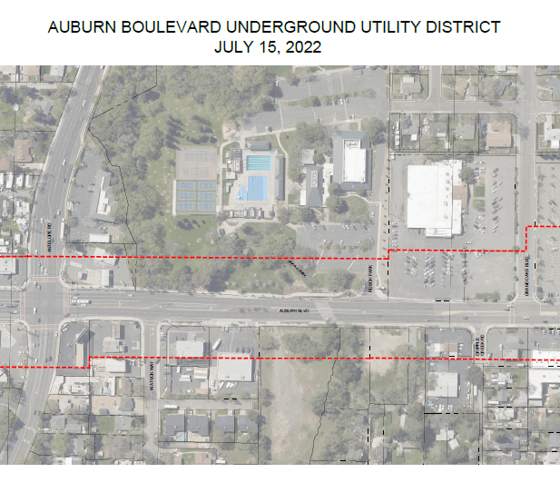 Auburn Blvd Underground Utility District image of district boundary lines. Hyperlinked to PDF of same image Opens in new window